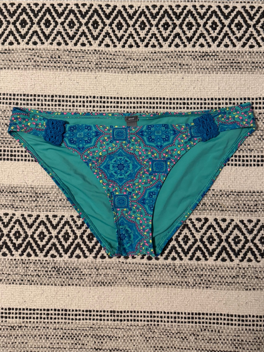 aerie Turquoise Paisley Swim Bikini Bottoms with Pink and Yellow Accents Sz L